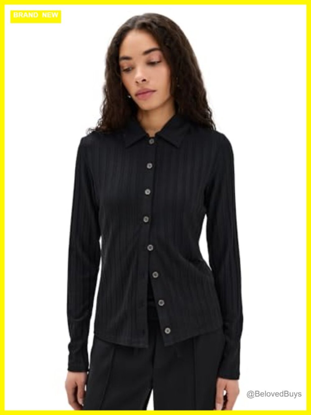 Rib Knit Collared Button Up Long Sleeve Classic Fit Blouse
